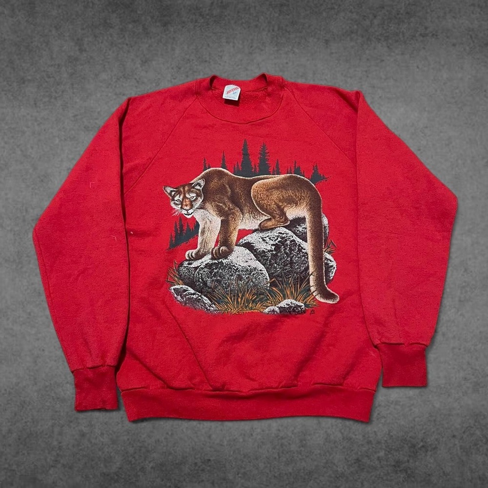 Vintage Jerzees Puma Mountain Lion Graphic Crewneck Sweatshirt Red Mens Large